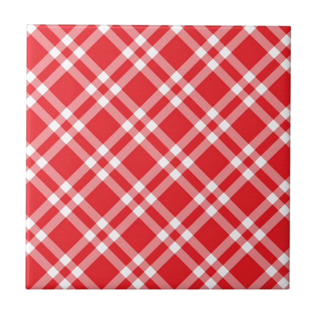 Red Gingham Pattern Ceramic Tile (Front)