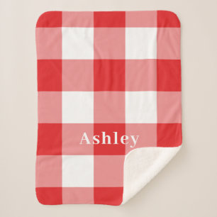 Red Gingham Pattern Monogram Name Sherpa Blanket