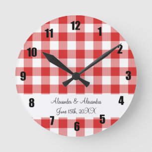 Red gingham pattern wedding favours round clock