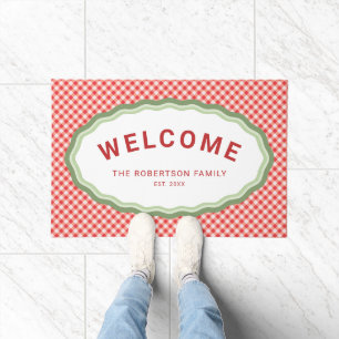 Red Gingham Personalised Christmas Holiday Welcome Doormat