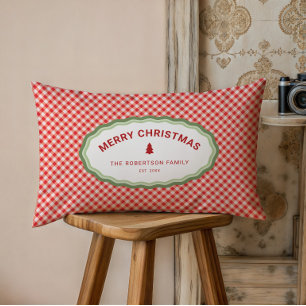 Red Gingham Personalised Merry Christmas Holiday Lumbar Cushion