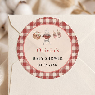 Red Gingham Picnic Basket Grill Baby Shower Classic Round Sticker