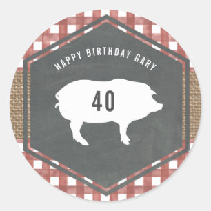 Red Gingham Pig Burlap Birthday Bbq Classic Round Sticker