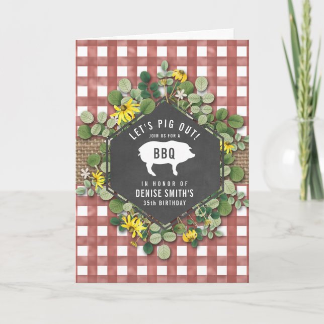 Red Gingham Pig Burlap Floral Birthday Bbq Invitation (Front)