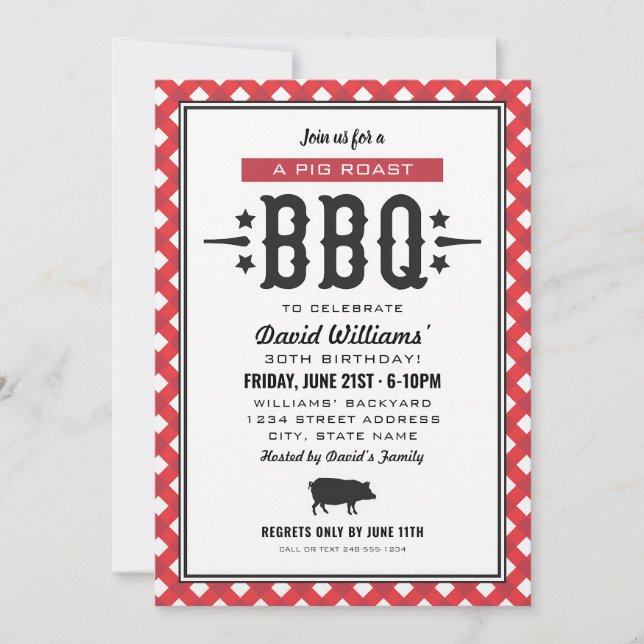 Red Gingham Pig Roast BBQ Birthday Invitation (Front)