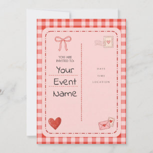 Red Gingham Pink Postcard Ribbon Heart