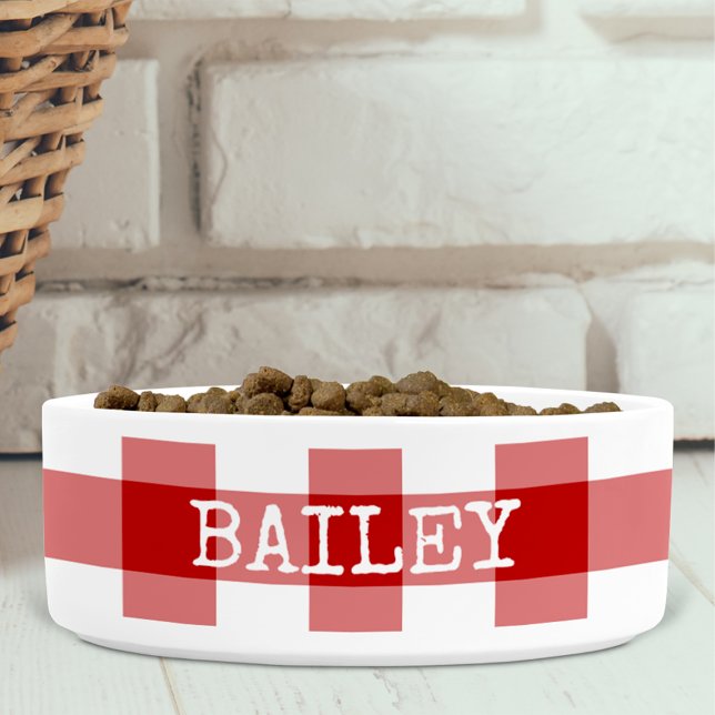 Red Gingham Plaid Farmhouse Personalised Dog Bowl (Creator Uploaded)