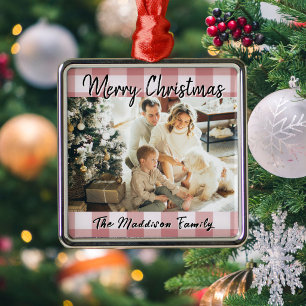 Red Gingham Plaid Merry Christmas Script Photo Metal Ornament