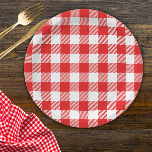 Red Gingham Plaid Pattern Paper Plate