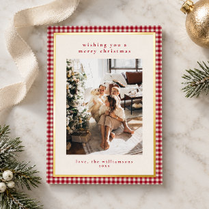 Red Gingham Plaid Portrait Photo Christmas Gold Foil Holiday Card