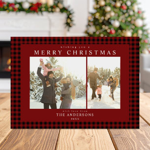 Red Gingham Plaid Two Photo Holiday Card