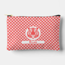 Red Gingham Plaid with Red Tiger Head and Name
