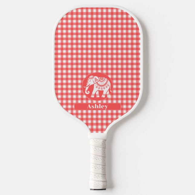 Red Gingham Plaid with White Elephant and Name Pickleball Paddle (Front)