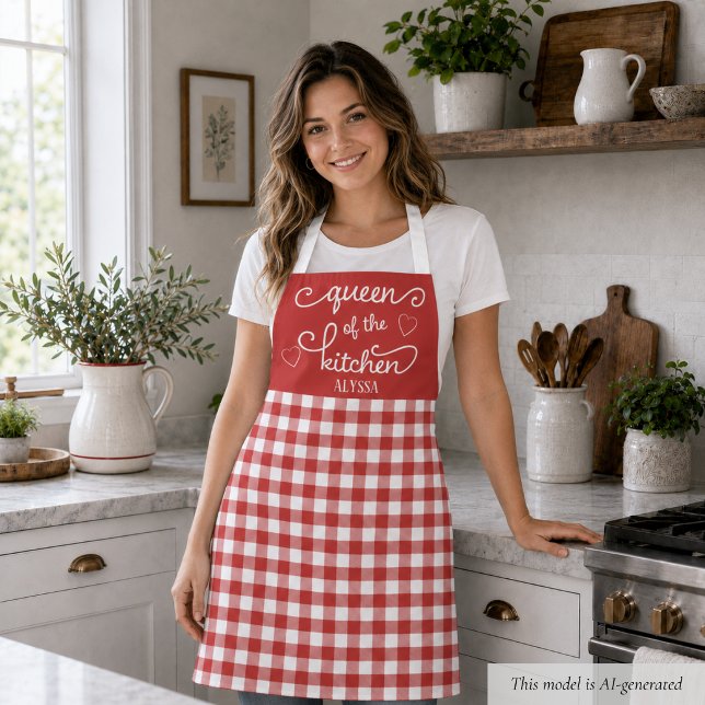 Red Gingham Queen of the Kitchen Apron (cute red gingham queen of the kitchen apron with custom monogram name)