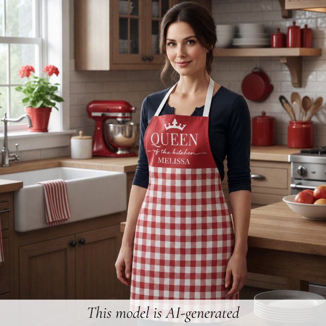 Red Gingham Queen of the Kitchen Apron (elegant red Queen of the Kitchen apron with custom name, christmas gift for mom, birthday gift)