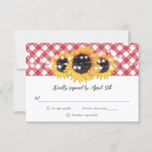 Red Gingham Rustic Sunflower Wedding RSVP Card