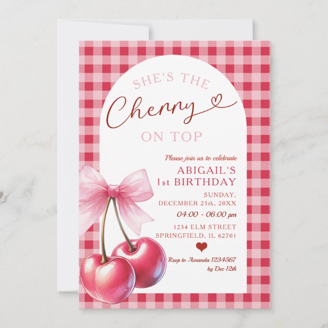 Red Gingham She's Cherry on Top Girl Birthday Bow Invitation (Front)