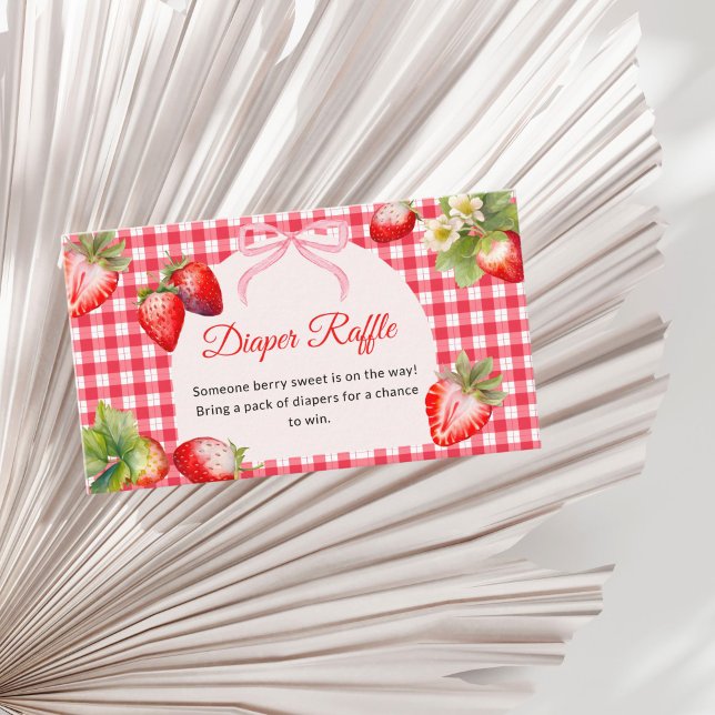 Red Gingham Strawberry Diaper Raffle Baby Shower Enclosure Card (Red Gingham Straberries baby shower Diaper Raffle Card)