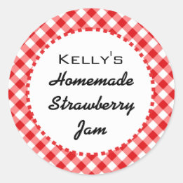 Red gingham strawberry jam label