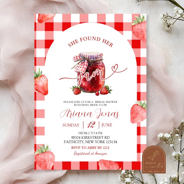 Red Gingham Strawberry Summer Jam Bridal Shower Invitation (Creator Uploaded)