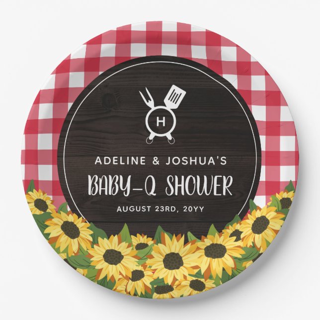 Red Gingham & Sunflowers Rustic Baby-Q Shower Paper Plate (Front)