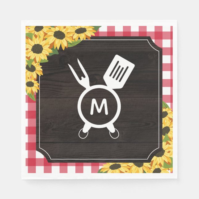 Red Gingham & Sunflowers Rustic Monogrammed BBQ Napkin (Front)