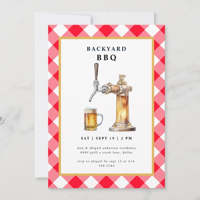 Red Gingham Tap & Beer Keg Backyard BBQ Party Invitation (Front)