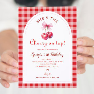 Red Gingham with Bow Cherry on Top Girl's Birthday Invitation