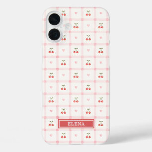 Red Gingham with Cherries and Bows Monogrammed iPhone 16 Plus Case