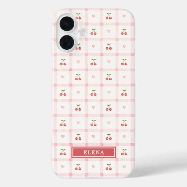 Red Gingham with Cherries and Bows Monogrammed Case-Mate iPhone Case (Back)