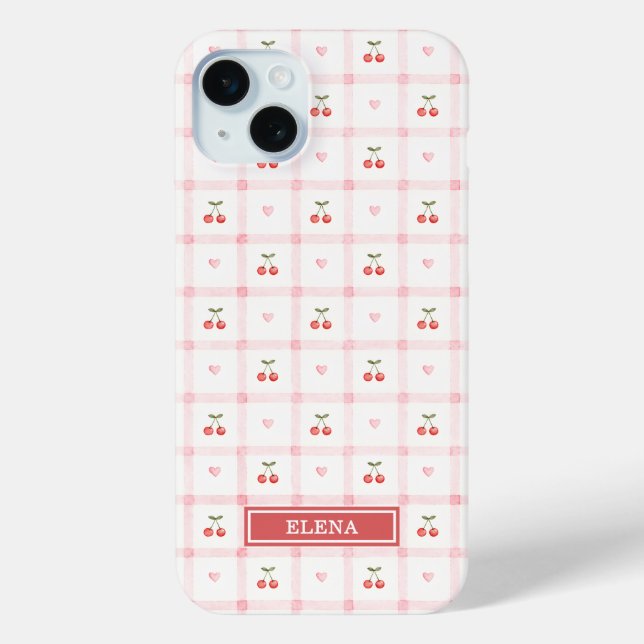Red Gingham with Cherries and Bows Monogrammed Case-Mate iPhone Case (Back)