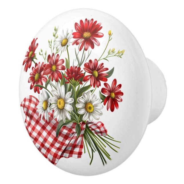 Red Gingham with Red and White Flower Bouquet Ceramic Knob (Right)