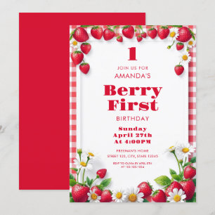 Red Gingham with Strawberries Baby Girl Birthday Invitation