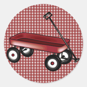 Red gingham with wagon classic round sticker