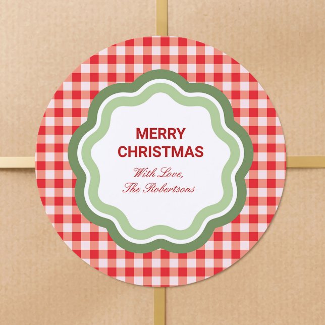 Red Gingham with Wavy Green Frame Personalised Classic Round Sticker (Creator Uploaded)