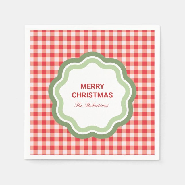 Red Gingham with Wavy Green Frame Personalised Napkin (Front)