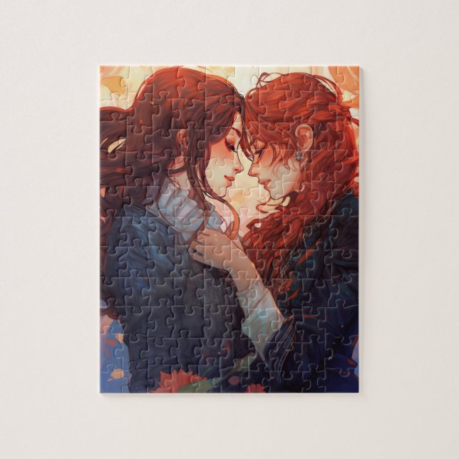 Red Girl Anime Lesbian Love Jigsaw Puzzle (Vertical)