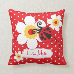 Red girls ladybug name flower polka dot pillow