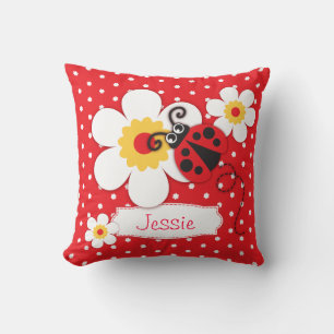 Red girls ladybug name flower polka dot pillow
