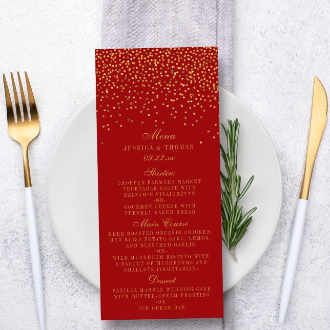 Red & Glam Gold Confetti Wedding Menu (Creator Uploaded)
