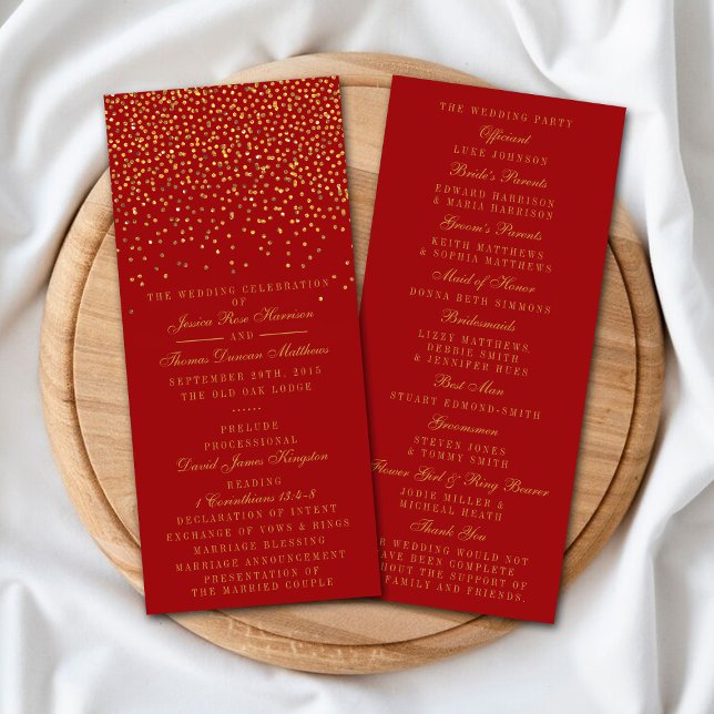 Red & Glam Gold Confetti Wedding Program (Creator Uploaded)