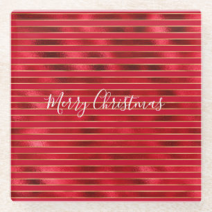 Red Glam Gold Stripes Glass Coaster