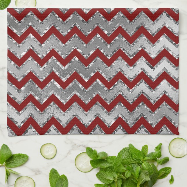 Red Glam Silver White Zigzag Stripes Tea Towel (Folded)