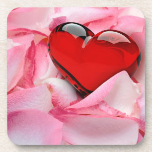 Red Glass Heart Rose Petals Coaster