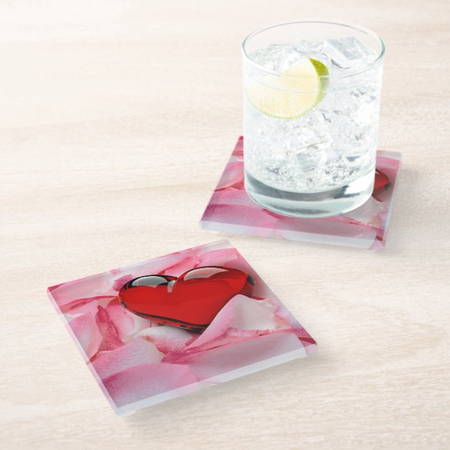 Red Glass Heart Rose Petals Coaster (Angled)