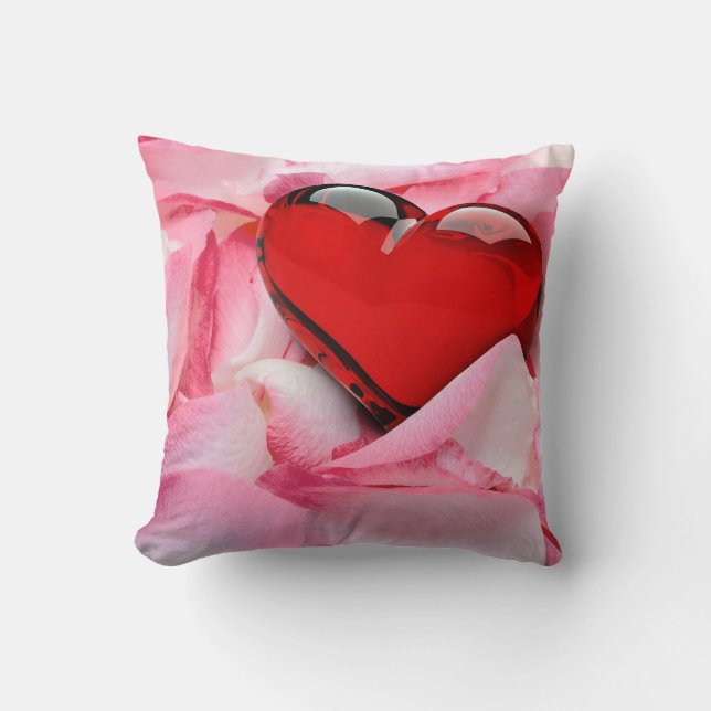 Red Glass Heart Rose Petals Cushion (Front)