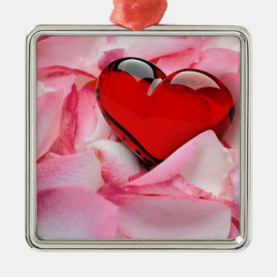 Red Glass Heart Rose Petals Metal Ornament