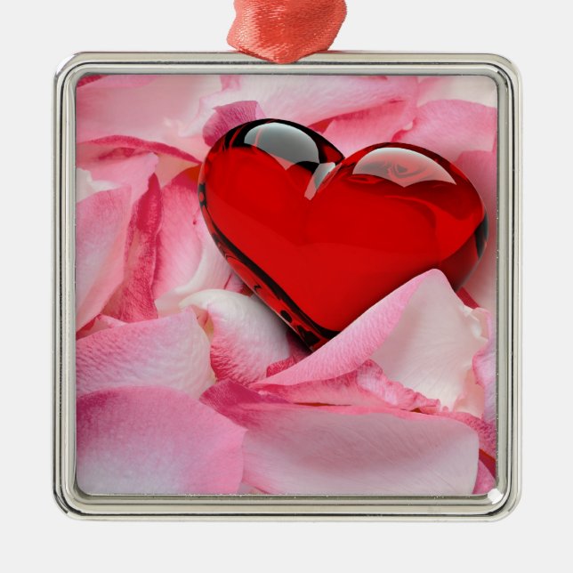 Red Glass Heart Rose Petals Metal Ornament (Front)