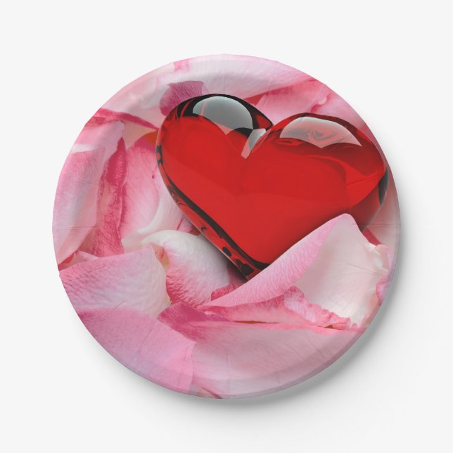 Red Glass Heart Rose Petals Paper Plate (Front)