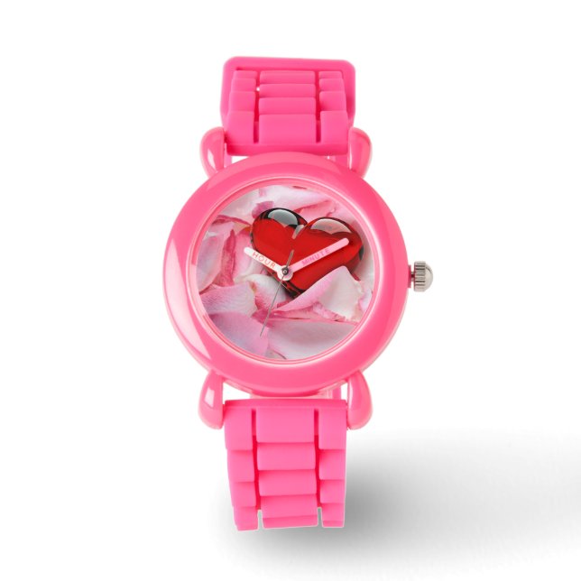 Red Glass Heart Rose Petals Watch (Front)